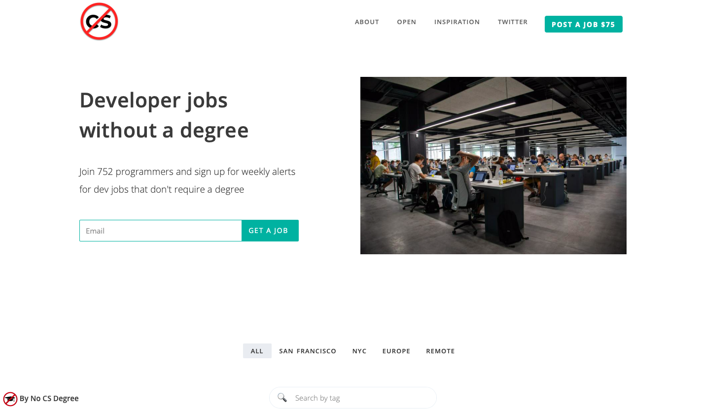 screenshot of website No CS OK for developers without degrees
