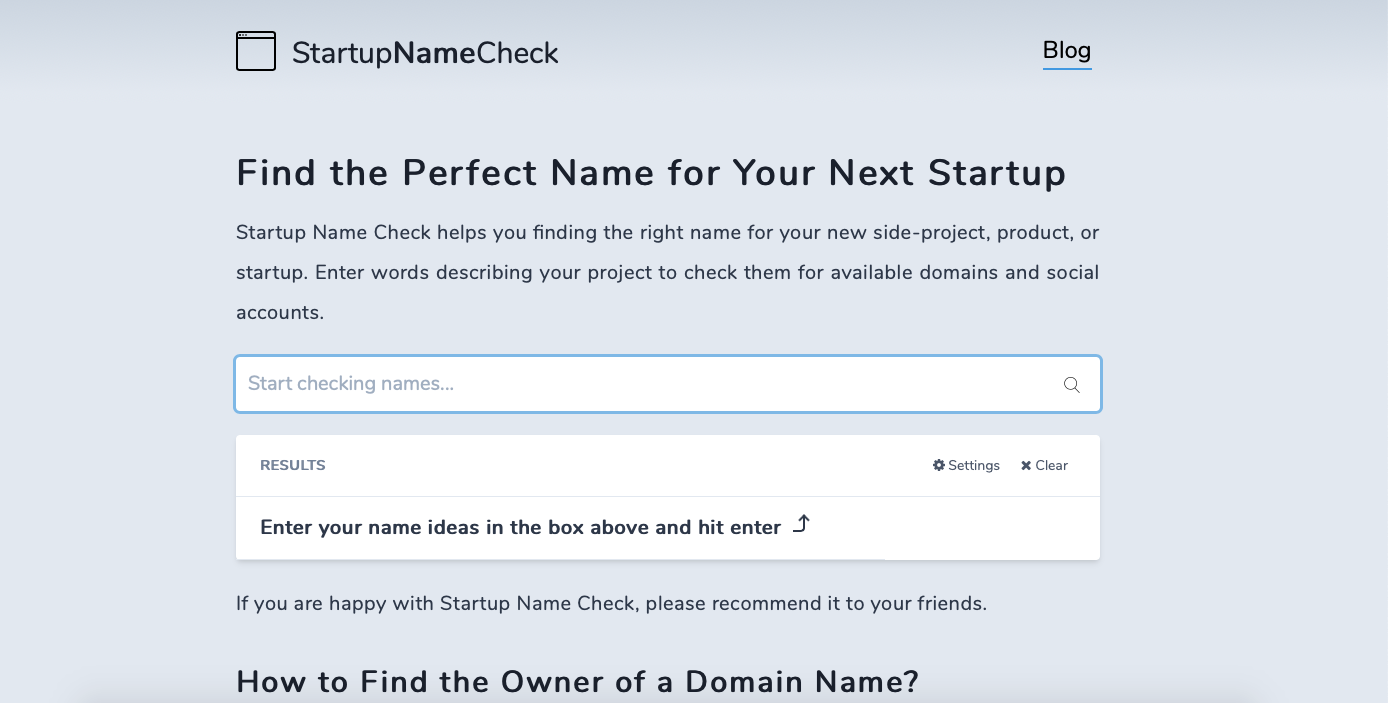 Screenshot of Startup Name Check